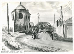 Moving towards the front. Reinforcements moving through Normandy, 24 June, 1944. From a watercolor by Lieut. Orville Fisher, 1944.