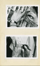 Two mounted photographs of hands, one setting type, another drafting, date unknown.