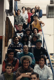 Students pose on staircase, March 1988.