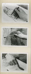 Three mounted photographs of hands holding artists' tools, date unknown.
