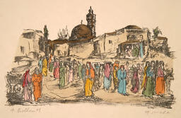Market scene with mosque in background