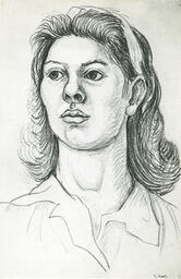 Portrait drawing of woman with headband, by [illegible], circa 1947.