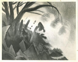 Infantry advancing under smoke screen. Pacific command, B.C. June 1943. Conte 30 x 24". O.N. Fisher, Lieut.