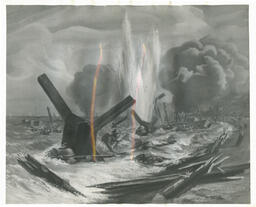 D day beach landing assault. Courseulles, Normandy. 8 Cdn. Inf. Bde., 3 Cdn. Inf. Div. From an oil painting by Capt. O.N. Fisher. 6 June 1944.