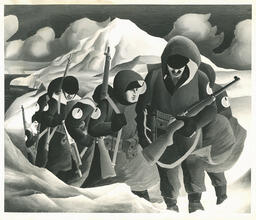 Patrol. A party of the Canadian Fusiliers in winter dress, Kiska. From an oil painting by Capt. E.J. Hughes, circa 1940s.