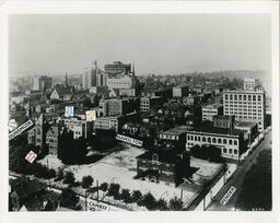 Aerial view of Downtown Vancouver, with streets labeled and location of Hamilton campus indicated, [circa 1960s?]