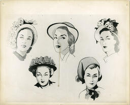 Fashion prints of five ladies in hats, date unknown.