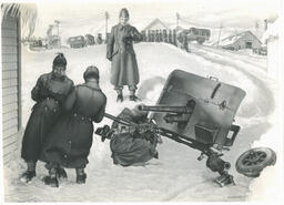 Anti-tank gun, time test. Coming into action. Petawawa. Winter 1940-1941. From an oil panting by Capt. E.J. Hughes