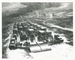 D-Day - Rhim ferry approaching the beach head, 6th June 1944. From an oil painting by Orville Fisher, Lieut., 1944.