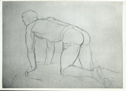 Sketch of crouched male nude, circa 1947.