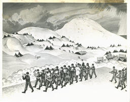 Paradeground. A morning parade of the Winnipeg Grenadiers. In the background a fatigue party returns to camp for lunch. Kiska, December, 1943. From a carbon pencil cartoon by Capt. E.J. Hughes