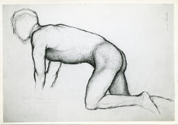 Sketch of crouched male nude by [illegible], circa 1947.