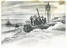 Light anti-aircraft bofors gun in position. On a Normandy beach, June, 1944. From a watercolour by Capt. O.N. Fisher